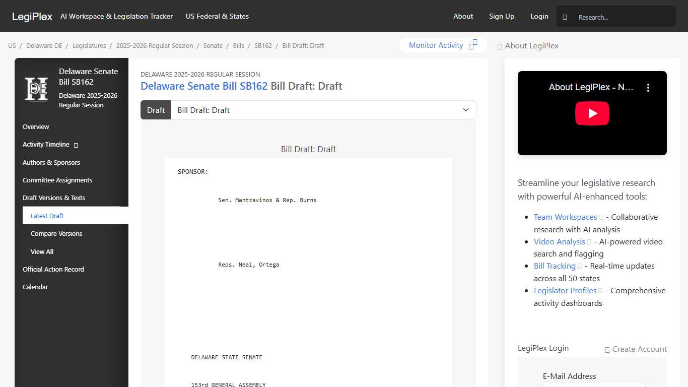 DE SB162 Bill Draft: Draft - Delaware 2025-2026 Regular Session LegiPlex