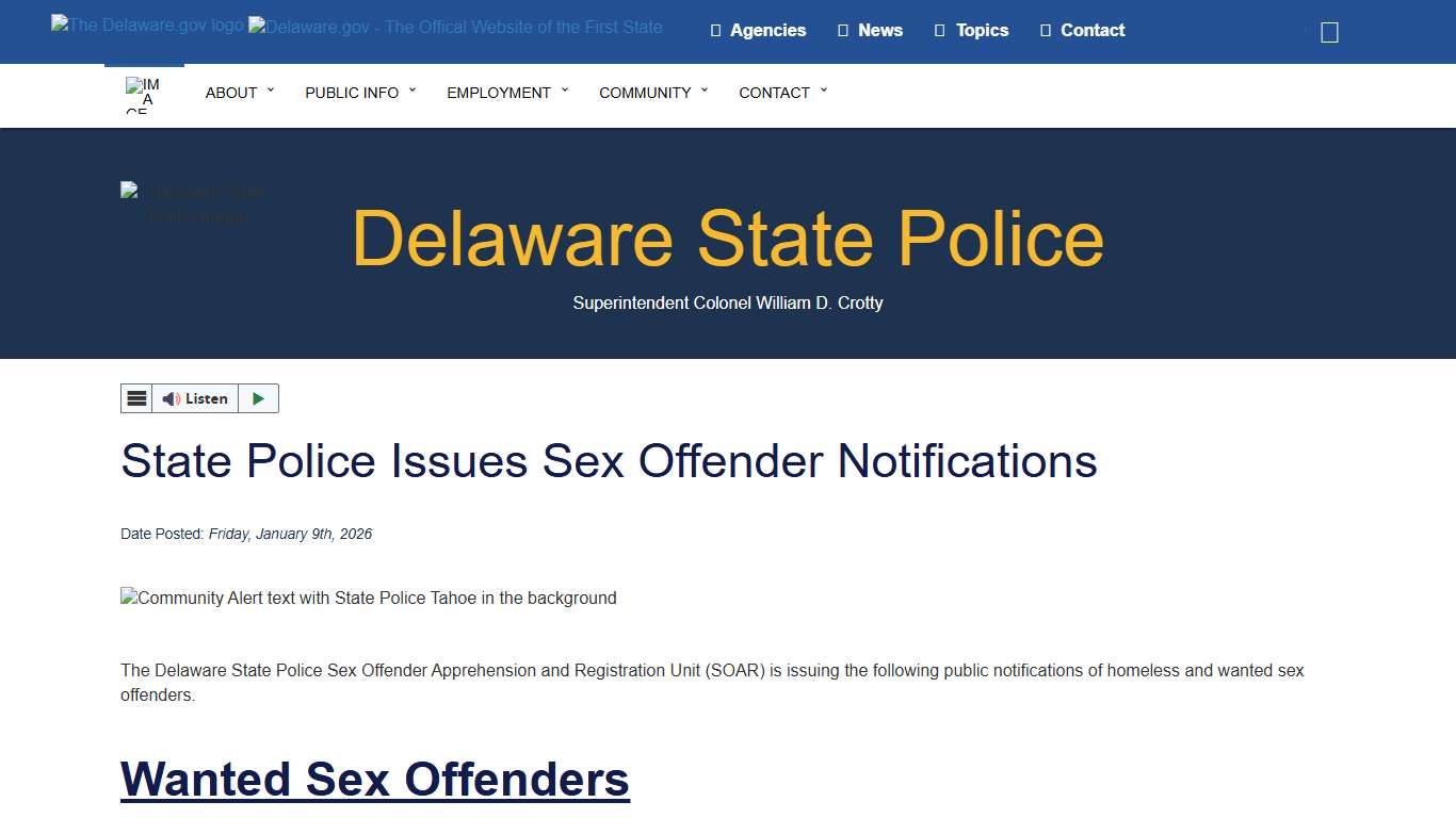 State Police Issues Sex Offender Notifications - Delaware State Police - State of Delaware