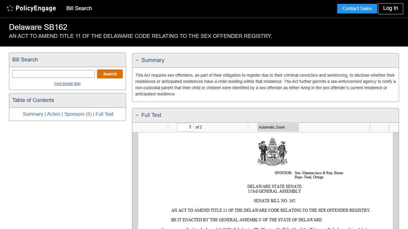 SB162 Delaware 2025-2026 AN ACT TO AMEND TITLE 11 OF THE DELAWARE CODE RELATING TO THE SEX OFFENDER REGISTRY. - Legislative Tracking PolicyEngage